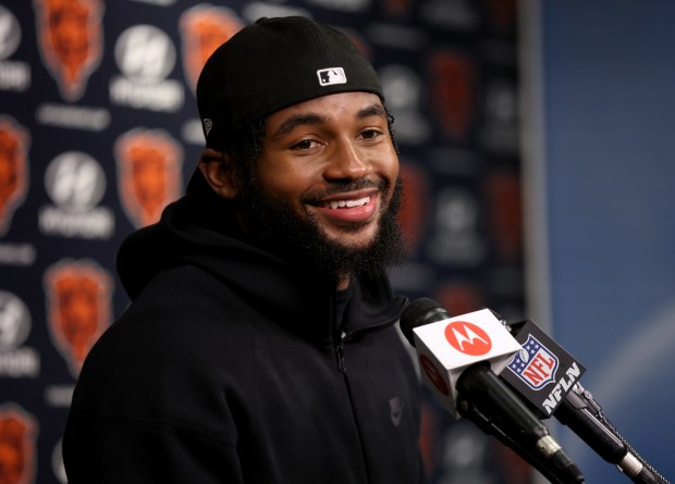 Bears running back D'Andre Swift answers questions at a news conference after organized team activicties on May 31, 2024, at Halas Hall in Lake Forest. (Chris Sweda/Chicago Tribune)