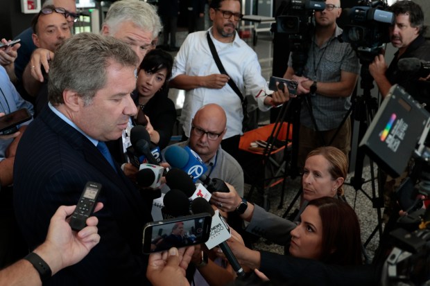 Criminal Defense Attorney Jeffrey Lichtman briefs media at the Dirksen U.S. Courthouse, July 30, 2024, following the arraignment of Joaquin Guzman Lopez. (Antonio Perez/Chicago Tribune)