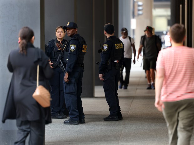 Department of Homeland Security police outside the Dirksen U.S. Courthouse, July 30, 2024, during the arraignment of Joaquin Guzman Lopez, the son of "El Chapo" Guzman. (Antonio Perez/Chicago Tribune)