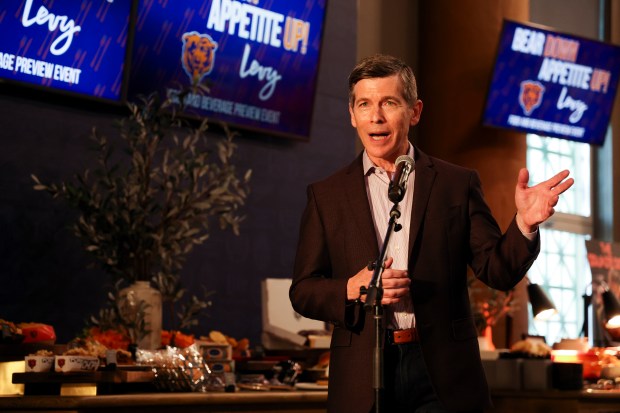 Levy Chief Executive Officer Andy Lansing speaks during a tasting event and hospitality exhibition at Soldier Field on Wednesday, Aug. 28, 2024, featuring new concession food items. (Eileen T. Meslar/Chicago Tribune)