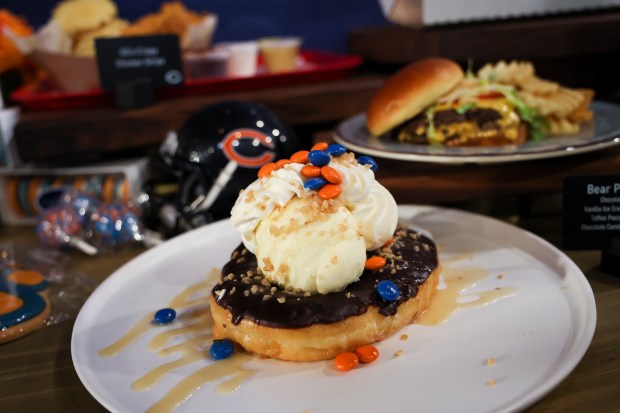 Bear Paw Donut, a new concession item, is displayed during a tasting event and hospitality exhibition hosted by the Chicago Bears and Levy at Soldier Field on Wednesday, Aug. 28, 2024. (Eileen T. Meslar/Chicago Tribune)