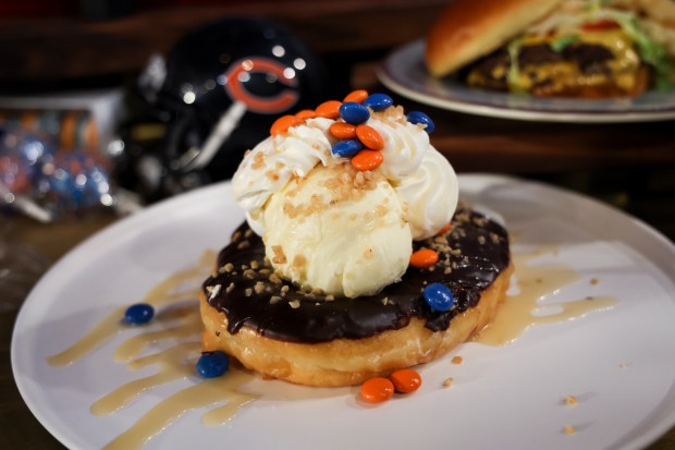 Bear Paw Donut, a new concession item, is displayed during a tasting event and hospitality exhibition at Soldier Field on Wednesday, Aug. 28, 2024. (Eileen T. Meslar/Chicago Tribune)