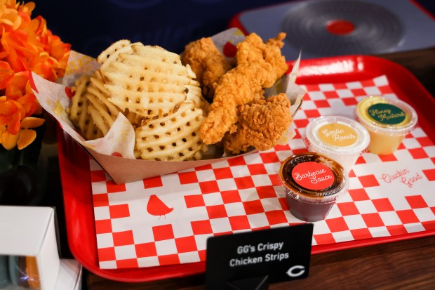 GG's Crispy Chicken Strips, a new concession item, is displayed during a tasting event and hospitality exhibition hosted by the Chicago Bears and Levy at Soldier Field on Wednesday, Aug. 28, 2024. (Eileen T. Meslar/Chicago Tribune)