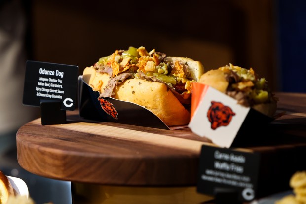 Odunze Dog, a new concession item, is displayed during a tasting event and hospitality exhibition at Soldier Field on Aug. 28, 2024. (Eileen T. Meslar/Chicago Tribune)