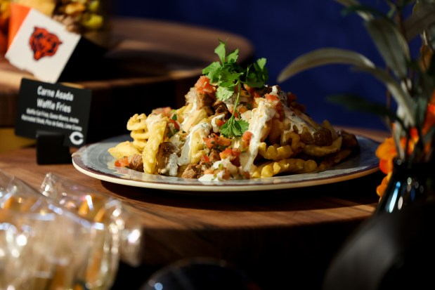 Carne Asada Waffle Fries, a new concession item, are displayed during a tasting event and hospitality exhibition at Soldier Field on Wednesday, Aug. 28, 2024. (Eileen T. Meslar/Chicago Tribune)