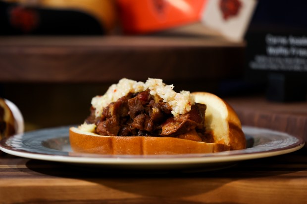 Pork Chopp'ed Sandwich, a new concession item, is displayed during a tasting event and hospitality exhibition at Soldier Field on Wednesday, Aug. 28, 2024. (Eileen T. Meslar/Chicago Tribune)