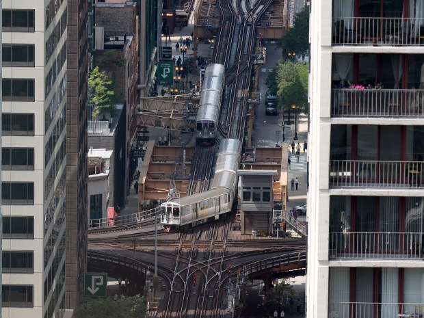 CTA "L" trains in Chicago, Aug. 21, 2024, as the Democratic National Convention is in town. (Antonio Perez/Chicago Tribune)