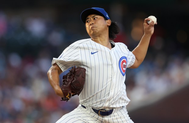 Chicago Cubs starting pitcher Shota Imanaga delivers to the St. Louis Cardinals in the second inning of a game at Wrigley Field in Chicago on Aug. 1, 2024. (Chris Sweda/Chicago Tribune)