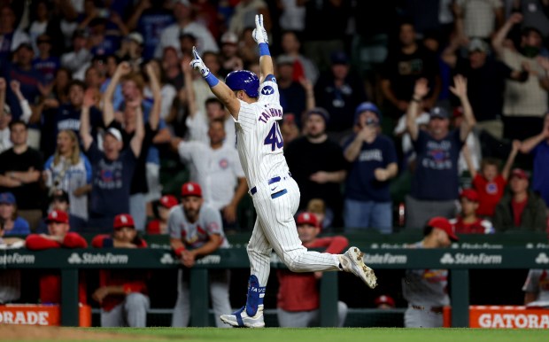 Chicago Cubs hitter Mike Tauchman celebrates after driving in the game-winning run on a walk-off double in the ninth inning of a game against the St. Louis Cardinals at Wrigley Field in Chicago on Aug. 1, 2024. (Chris Sweda/Chicago Tribune)