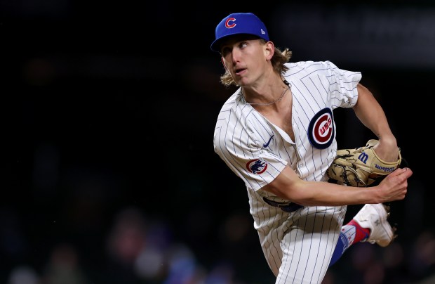 Cubs pitcher Ben Brown delivers in the second inning against the Rockies on April 3, 2024, at Wrigley Field. (Chris Sweda/Chicago Tribune)