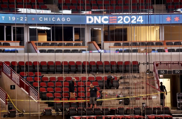 Work continues inside the United Center in Chicago on Aug. 1, 2024, as preparations are made for the Democratic National Convention, scheduled to begin on Aug. 19, 2024. (Chris Sweda/Chicago Tribune)