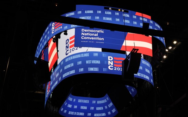 Work continues inside the United Center in Chicago on Aug. 1, 2024, as preparations are made for the upcoming Democratic National Convention, scheduled for Aug. 19-22. (Chris Sweda/Chicago Tribune)