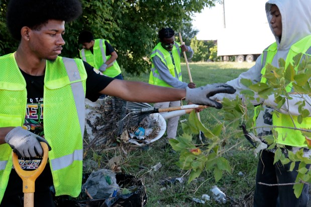 Recent CPS graduates working as general labor trainees with the Streets and Sanitation, clear away large overgrown weeds as they clean up along Madison near Talman Avenue, blocks from United Center on Aug. 9, 2024, ahead of the upcoming Democratic National Convention. (Antonio Perez/Chicago Tribune)