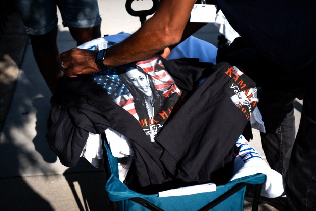 Kamala Harris shirts outside the Democratic National Convention at the United Center on Aug. 21, 2024. (E. Jason Wambsgans/Chicago Tribune)