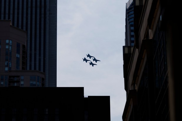 The U.S. Navy Blue Angels fly over the skyline while practicing ahead of the Chicago Air and Water Show, Aug. 8, 2024. (Armando L. Sanchez/Chicago Tribune)