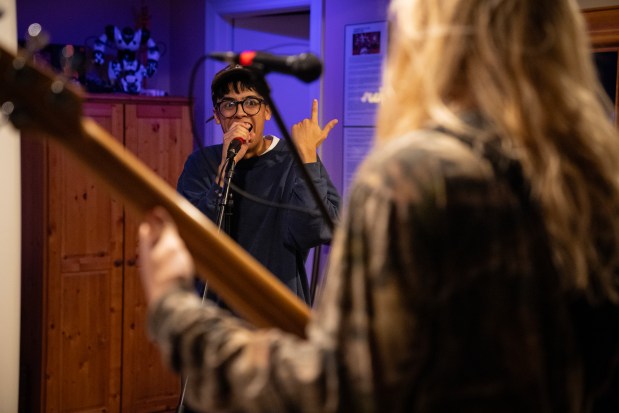 Adan Diaz and bassist Will Izdepski rehearse in a Plainfield basement as they prepare for their Lollapalooza appearance, July 29 2024. (E. Jason Wambsgans/Chicago Tribune)