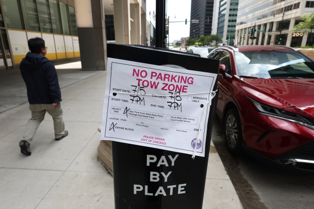 A no parking sign is posted on South Wacker Drive near Adams Street in Chicago on July 8, 2024, after the Chicago NASCAR events. (Terrence Antonio James/Chicago Tribune)