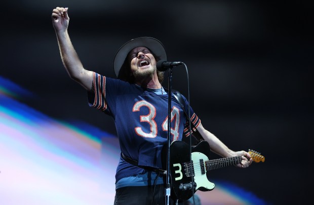 Pearl Jam's Eddie Vedder performs at Wrigley Field in Chicago on Aug. 29, 2024. (Chris Sweda/Chicago Tribune)