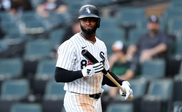 Chicago White Sox center fielder Luis Robert Jr. (88) walks back to the dugout after striking out to end the seventh inning of a game against the Texas Rangers at Guaranteed Rate Field in Chicago on Aug. 28, 2024. (Chris Sweda/Chicago Tribune)