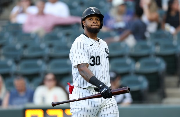 Chicago White Sox left fielder Corey Julks (30) walks back to the dugout after striking out in the seventh inning of a game against the Texas Rangers at Guaranteed Rate Field in Chicago on Aug. 28, 2024. (Chris Sweda/Chicago Tribune)