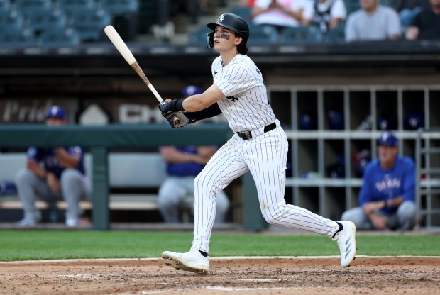 Chicago White Sox shortstop Brooks Baldwin (27) singles in the seventh inning of a game against the Texas Rangers at Guaranteed Rate Field in Chicago on Aug. 28, 2024. (Chris Sweda/Chicago Tribune)