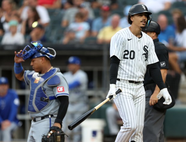 Chicago White Sox designated hitter Miguel Vargas walks back to the dugout after striking out in the first inning of a game against the Kansas City Royals at Guaranteed Rate Field in Chicago on July 30, 2024. (Chris Sweda/Chicago Tribune)