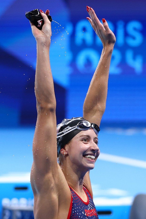 Kate Douglass of Team United States celebrates after winning gold in the Women's 200m Breaststroke Final on day six of the Olympic Games Paris 2024 at Paris La Defense Arena on Aug. 01, 2024 in Nanterre, France. (Photo by Maddie Meyer/Getty Images)