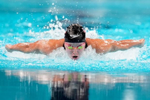 Regan Smith, of the United States, competes in the women's 200-meter butterfly final at the 2024 Summer Olympics, Thursday, Aug. 1, 2024, in Nanterre, France. (AP Photo/Matthias Schrader)