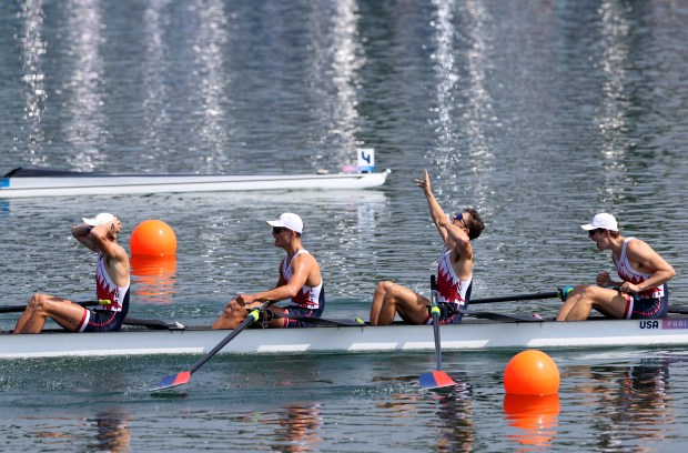 Nick Mead, Justin Best, Michael Grady and Liam Corrigan of Team United States celebrate winning the gold medals after competing in the Rowing Men's Four Final A on day six of the Olympic Games Paris 2024 at Vaires-Sur-Marne Nautical Stadium on Aug. 01, 2024 in Paris, France. (Photo by Justin Setterfield/Getty Images)