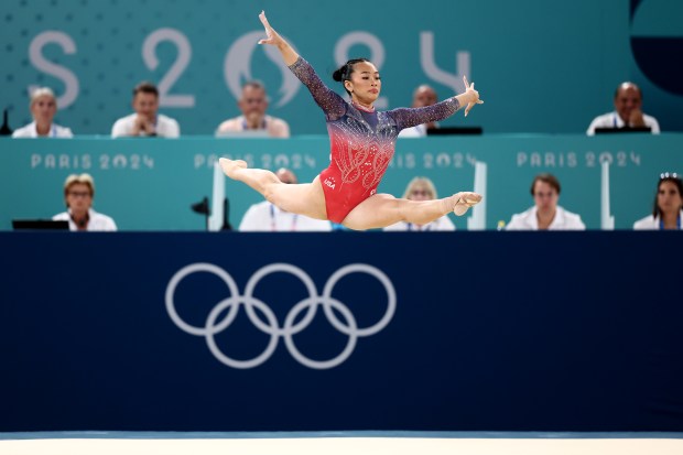 Sunisa Lee of Team United States competes in the floor exercise during the Artistic Gymnastics Women's All-Around Final on day six of the Olympic Games Paris 2024 at Bercy Arena on Aug. 01, 2024 in Paris, France. (Photo by Naomi Baker/Getty Images)