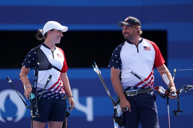 Casey Kaufhold and Brady Ellison of Team United States during the Archery Mixed Team Bronze medal match contest against Team India on day seven of the Olympic Games Paris 2024 at Esplanade Des Invalides on Aug. 02, 2024 in Paris, France. (Photo by Alex Pantling/Getty Images)