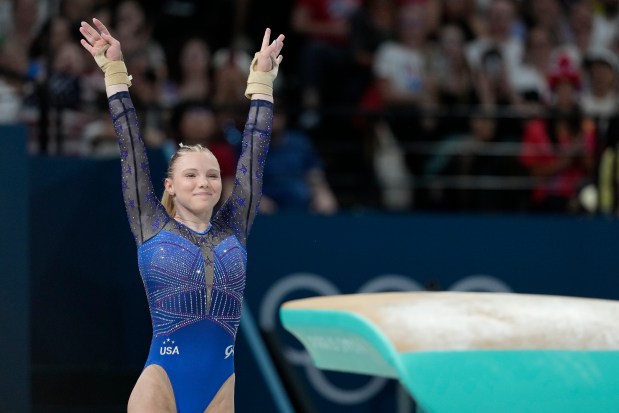 Jade Carey, of the United States, competes during the women's artistic gymnastics individual vault finals at Bercy Arena at the 2024 Summer Olympics, Saturday, Aug. 3, 2024, in Paris, France. (AP Photo/Charlie Riedel)