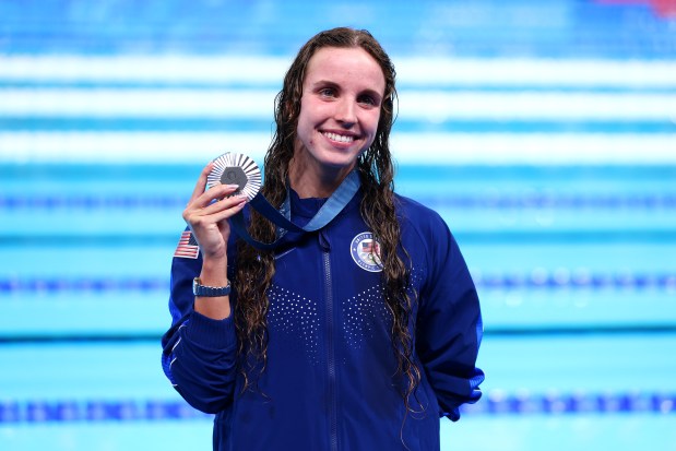 Silver Medalist Regan Smith of Team United States poses following the Swimming medal ceremony after the Women's 200m Backstroke Final on day seven of the Olympic Games Paris 2024 at Paris La Defense Arena on Aug. 02, 2024 in Nanterre, France. (Photo by Maddie Meyer/Getty Images)