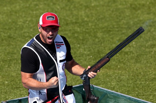 Vincent Hancock of Team United States celebrates winning the gold medal after competing in the Shooting Skeet Men's Final on day eight of the Olympic Games Paris 2024 at Chateauroux Shooting Centre on Aug. 03, 2024 in Chateauroux, France. (Photo by Charles McQuillan/Getty Images)