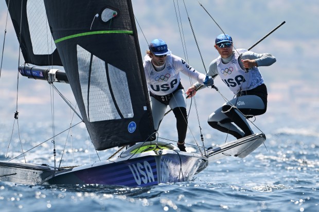 Ian Barrows and Hans Henken of Team United States compete in the Men's Skiff 49erFX class medal race on day seven of the Olympic Games Paris 2024 at Marseille Marina on Aug. 02, 2024 in Marseille, France. (Photo by Clive Mason/Getty Images)