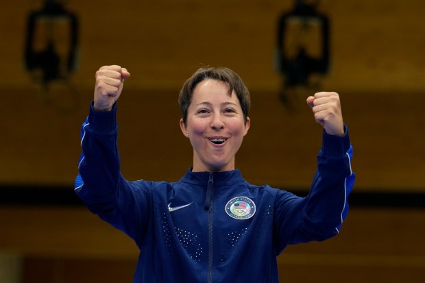 Sagen Maddalena of the United States celebrates after winning the silver medal in the 50m rifle 3 positions women's final at the 2024 Summer Olympics, Friday, Aug. 2, 2024, in Chateauroux, France. (AP Photo/Manish Swarup)