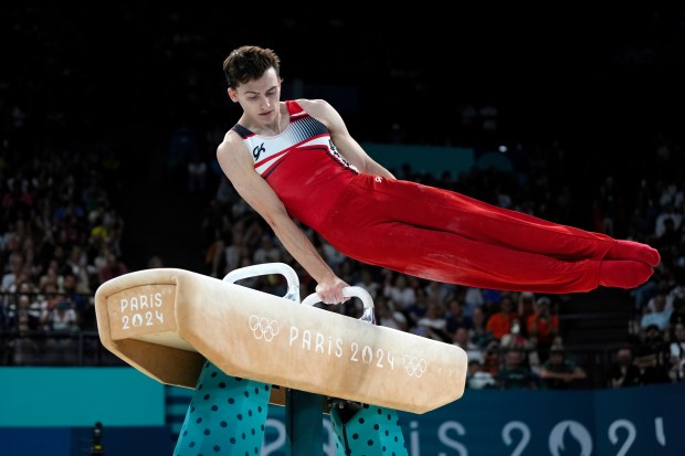 Stephen Nedoroscik, of the United States, competes during the men's artistic gymnastics individual pommel finals at Bercy Arena at the 2024 Summer Olympics, Saturday, Aug. 3, 2024, in Paris, France. (AP Photo/Francisco Seco)