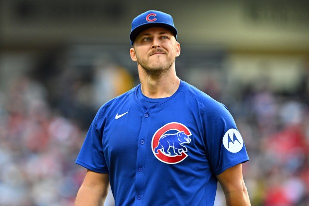 Starting pitcher Jameson Taillon #50 of the Chicago Cubs reacts after giving up the lead in the fourth inning against the Cleveland Guardians at Progressive Field on Aug. 14, 2024 in Cleveland, Ohio. (Photo by Jason Miller/Getty Images)