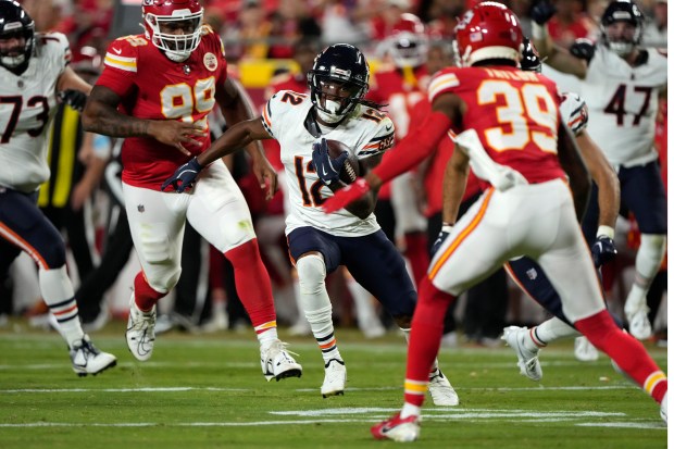 Bears running back Velus Jones Jr., (12) rushes for a 39-yard touchdown during the third quarter against the Chiefs of a preseason game on Aug. 22, 2024, in Kansas City, Mo. (Charlie Riedel/AP)