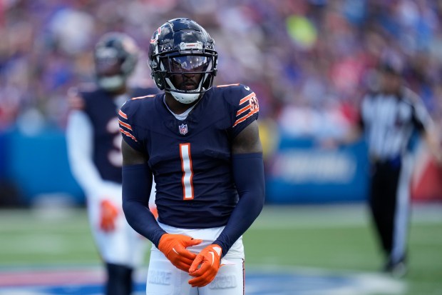 Chicago Bears cornerback Jaylon Johnson in action during the first half of an preseason NFL football game against the Buffalo Bills, Saturday, Aug. 10, 2024, in Orchard Park, NY. (AP Photo/Seth Wenig)