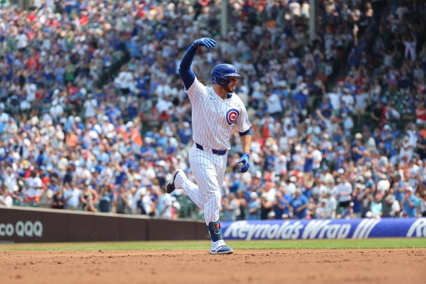 Michael Busch #29 of the Chicago Cubs runs the bases following a two run home run against the St. Louis Cardinals during the first inning at Wrigley Field on Aug. 03, 2024 in Chicago, Illinois. (Photo by Stacy Revere/Getty Images)