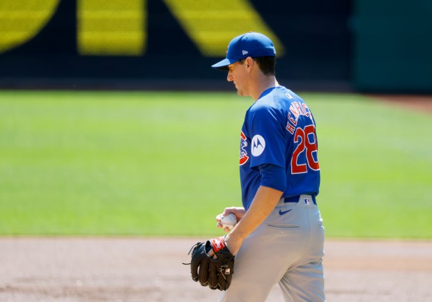 Cubs starter Kyle Hendricks reacts after giving up a home run in the first inning against the Pirates on Aug. 28, 2024, at PNC Park in Pittsburgh. (Justin K. Aller/Getty)