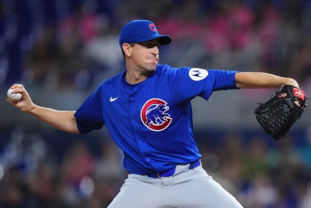 Cubs starter Kyle Hendricks delivers against the Marlins during the first inning on Aug. 23, 2024, in Miami. (Rich Storry/Getty)