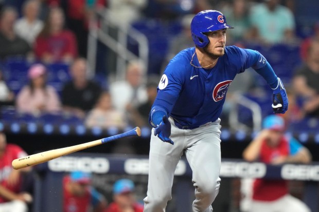 Cubs designated hitter Cody Bellinger runs after hitting a RBI double in the seventh inning against the Marlins on Aug. 24, 2024, in Miami. (Lynne Sladky/AP)