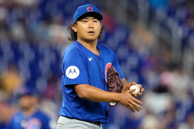 Cubs starting pitcher Shota Imanaga prepares to throw in the seventh inning against the Marlins on Aug. 24, 2024, in Miami. (Lynne Sladky/AP)