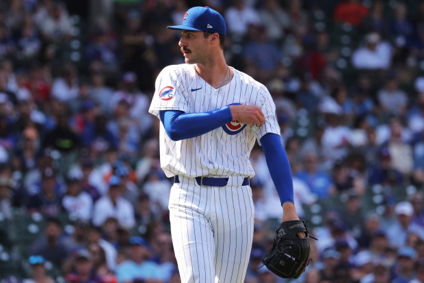 Cubs reliever Jack Neely looks toward the plate in the ninth inning against the Tigers on Aug. 22, 2024, at Wrigley Field. (Melissa Tamez/AP)