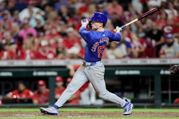 Cubs center fielder Pete Crow-Armstrong hits a two-run double in the seventh inning against the Reds on July 31, 2024 in Cincinnati. (Andy Lyons/Getty)