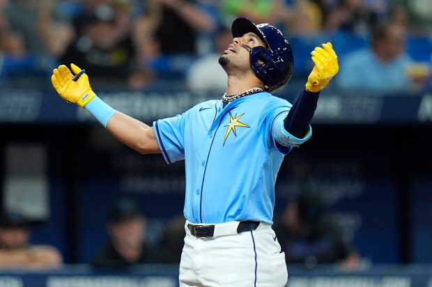 Tampa Bay Rays' Christopher Morel reacts after his solo home run off Miami Marlins starting pitcher Edward Cabrera during the fourth inning of a baseball game Tuesday, July 30, 2024, in St. Petersburg, Fla. (AP Photo/Christopher O'Meara)