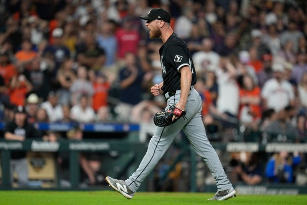 White Sox reliever Chad Kuhl reacts after striking out Astros second baseman Jose Altuve to the game on Aug. 16, 2024, in Houston. The Sox won 5-4. (Eric Christian Smith/AP)