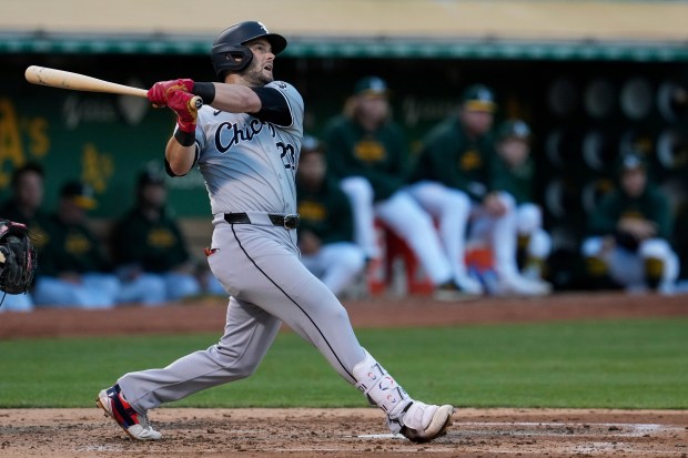 White Sox left fielder Andrew Benintendi watches his two-run home run against the Athletics during the fourth inning on Aug. 6, 2024, in Oakland, Calif. (Godofredo A. Vásquez/AP)